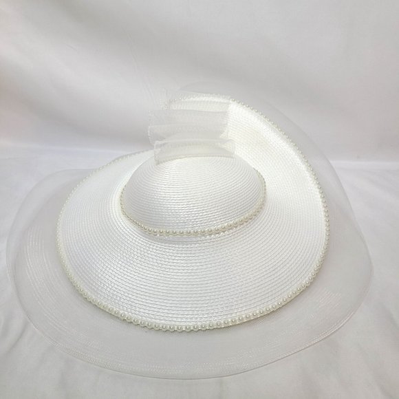 White Large Bow Tulle Wide Brim Hat - Picture 2 of 4